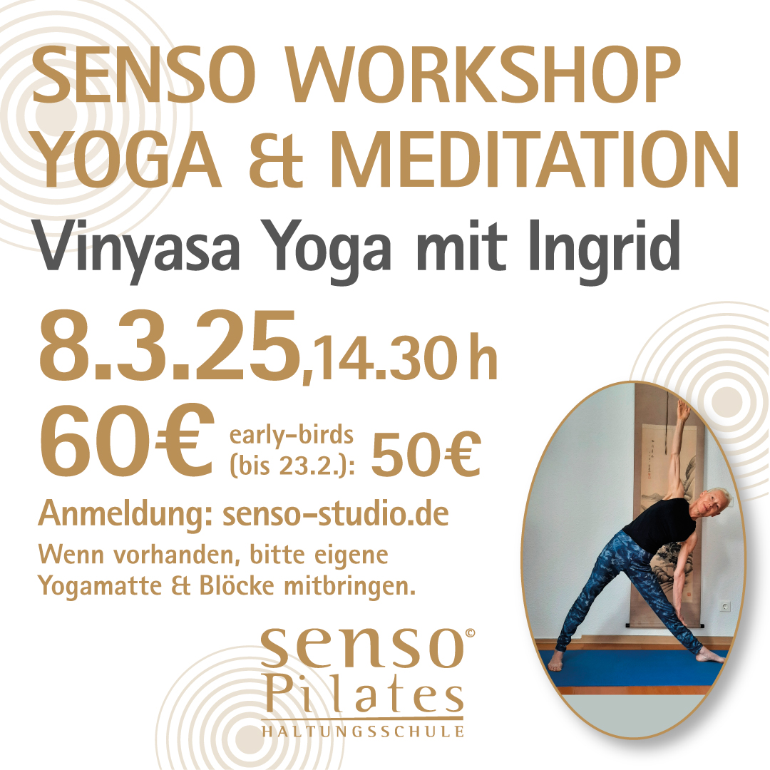 Werbebild für Yoga-Workshop, das Ingrid bei einer Übung und die Daten des Workshops als Schrift zeigt.